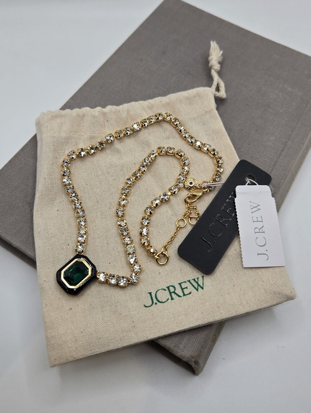 J. Crew Cupchain gemstone pendant Necklace Emerald tone Gold tone CZ Crystals